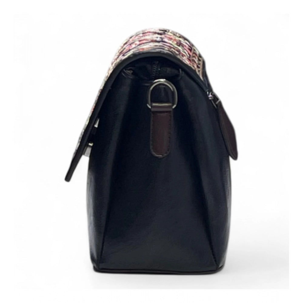Women's Polyurethane Floral Embroidered Crossbody Sling Bag with Adjustable &amp; Removable Strap (Black)