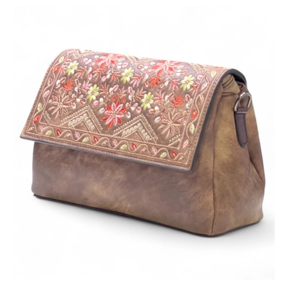 Women's Polyurethane Floral Embroidered Crossbody Sling Bag with Adjustable &amp; Removable Strap (Brown)