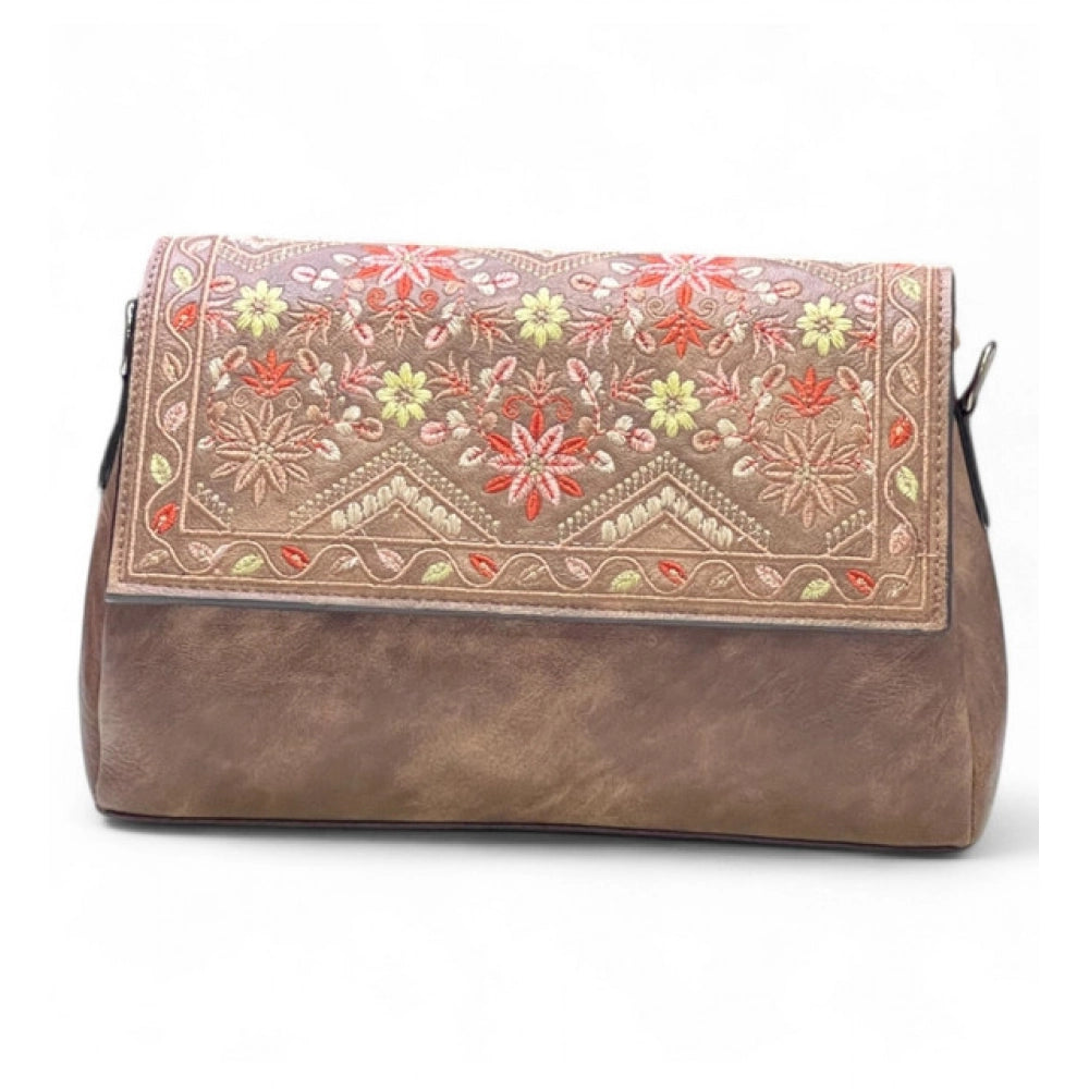 Women's Polyurethane Floral Embroidered Crossbody Sling Bag with Adjustable &amp; Removable Strap (Brown)