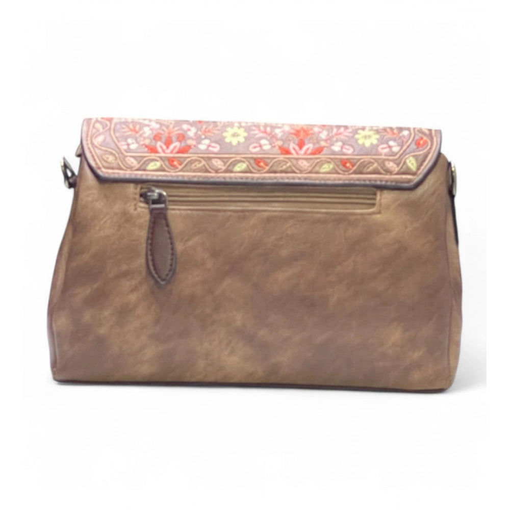 Women's Polyurethane Floral Embroidered Crossbody Sling Bag with Adjustable &amp; Removable Strap (Brown)