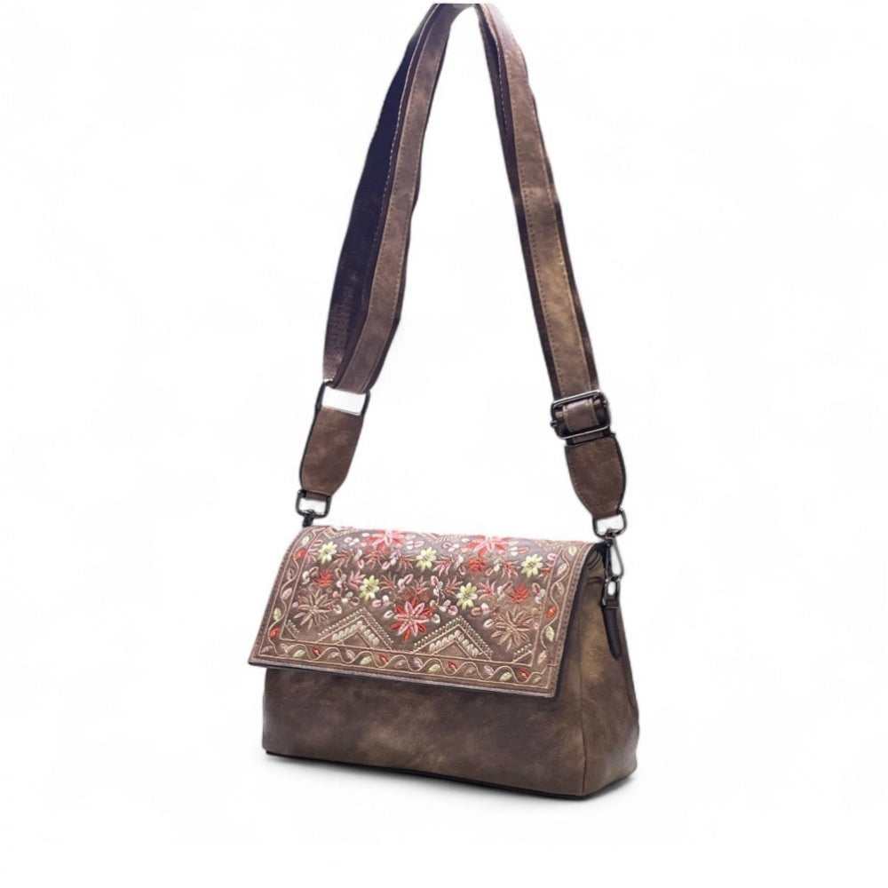 Women's Polyurethane Floral Embroidered Crossbody Sling Bag with Adjustable &amp; Removable Strap (Brown)