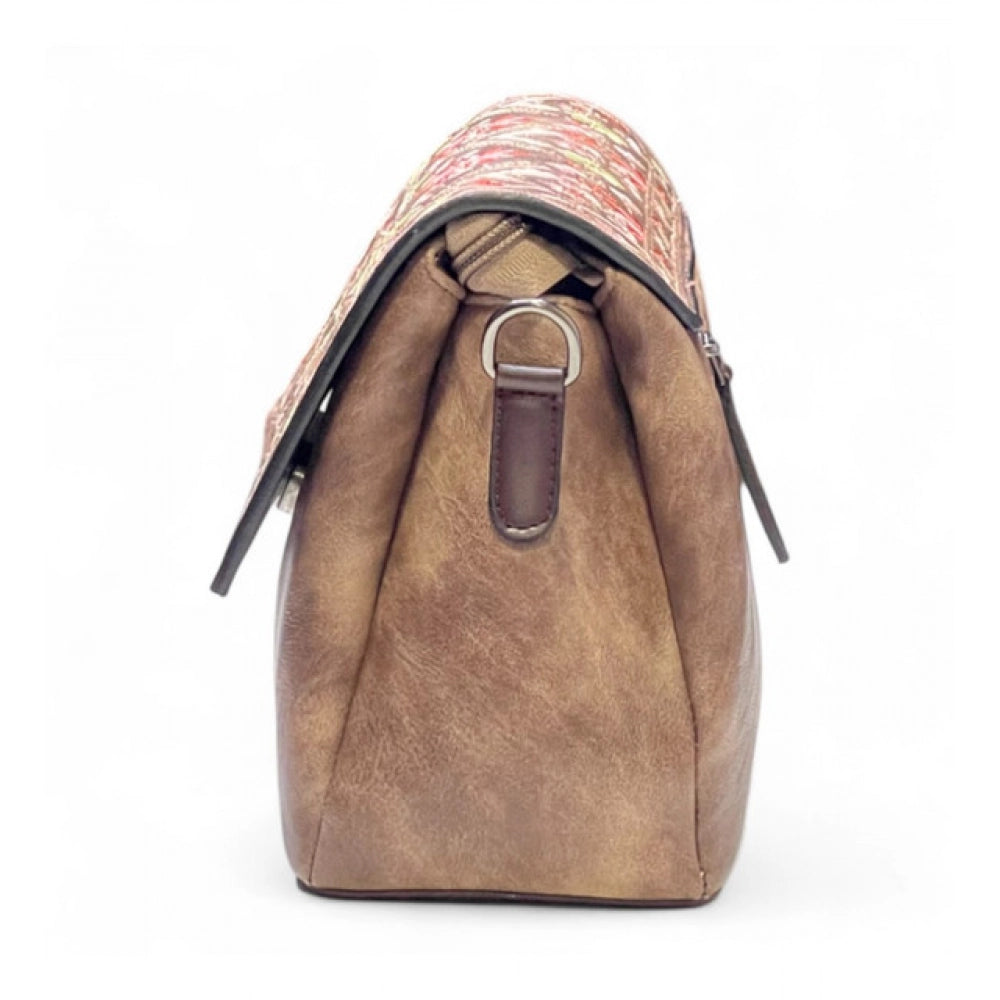 Women's Polyurethane Floral Embroidered Crossbody Sling Bag with Adjustable &amp; Removable Strap (Brown)