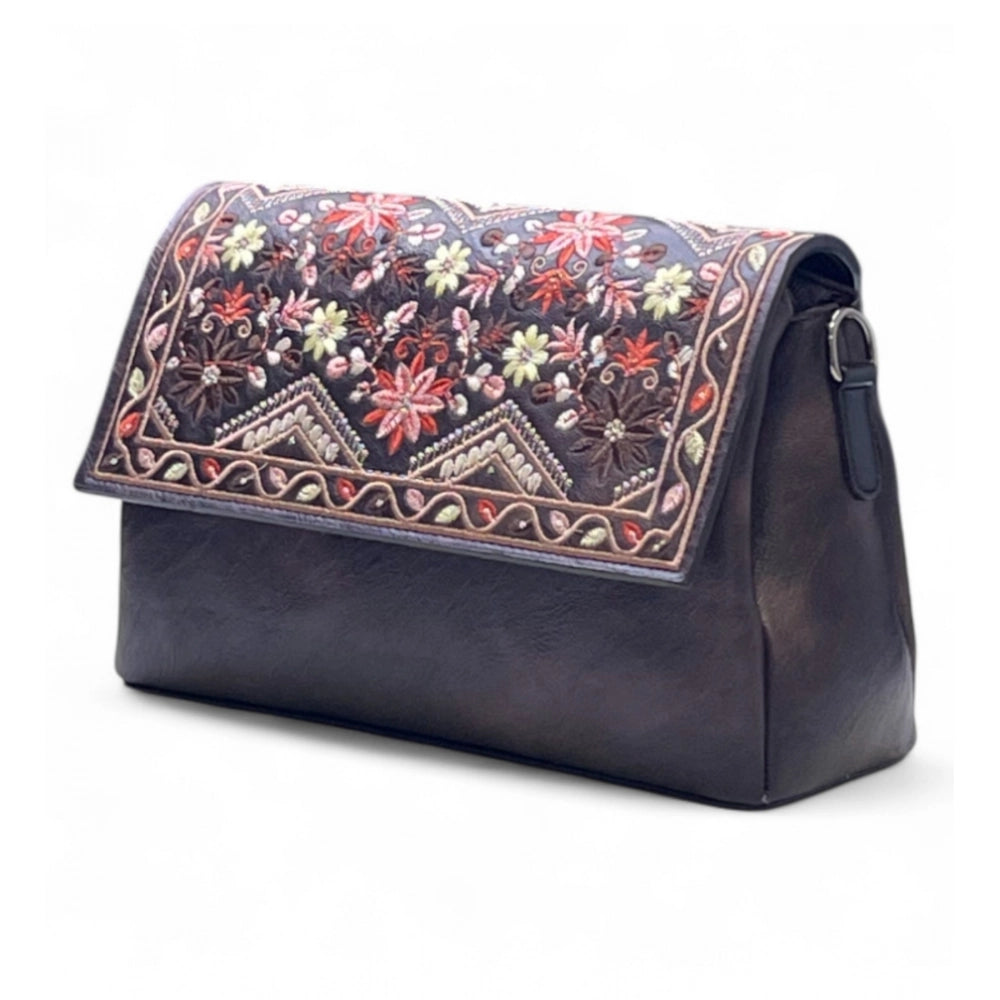 Women's Polyurethane Floral Embroidered Crossbody Sling Bag with Adjustable &amp; Removable Strap (Coffee)