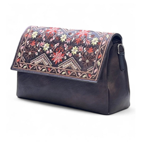 Women's Polyurethane Floral Embroidered Crossbody Sling Bag with Adjustable &amp; Removable Strap (Coffee)