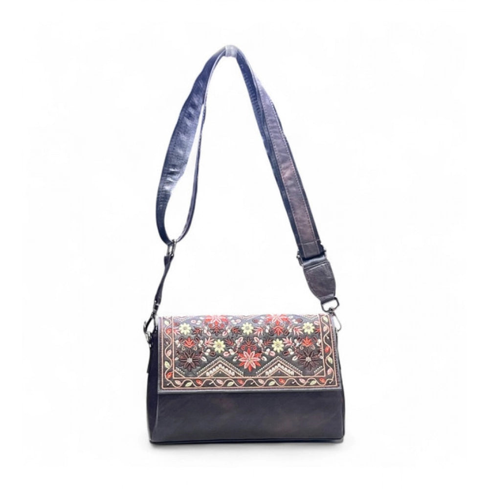 Women's Polyurethane Floral Embroidered Crossbody Sling Bag with Adjustable &amp; Removable Strap (Coffee)