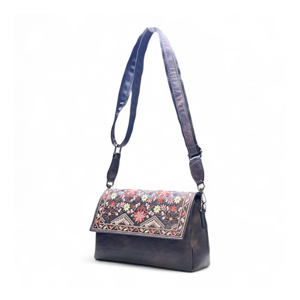 Women's Polyurethane Floral Embroidered Crossbody Sling Bag with Adjustable &amp; Removable Strap (Coffee)