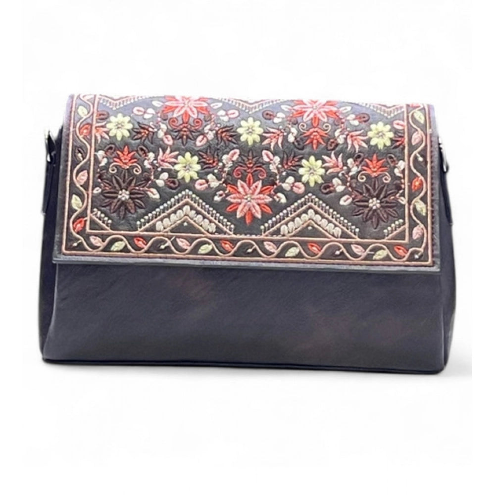 Women's Polyurethane Floral Embroidered Crossbody Sling Bag with Adjustable &amp; Removable Strap (Coffee)