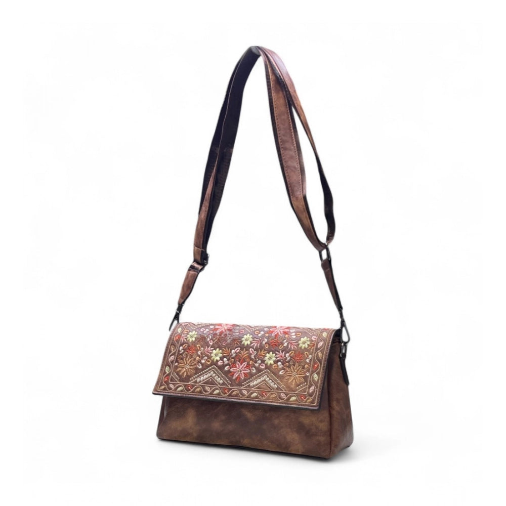 Women's Polyurethane Floral Embroidered Crossbody Sling Bag with Adjustable &amp; Removable Strap (Dark Brown)