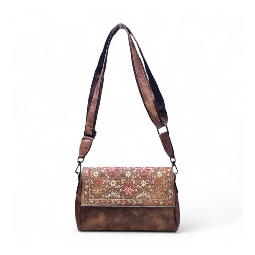 Women's Polyurethane Floral Embroidered Crossbody Sling Bag with Adjustable &amp; Removable Strap (Dark Brown)