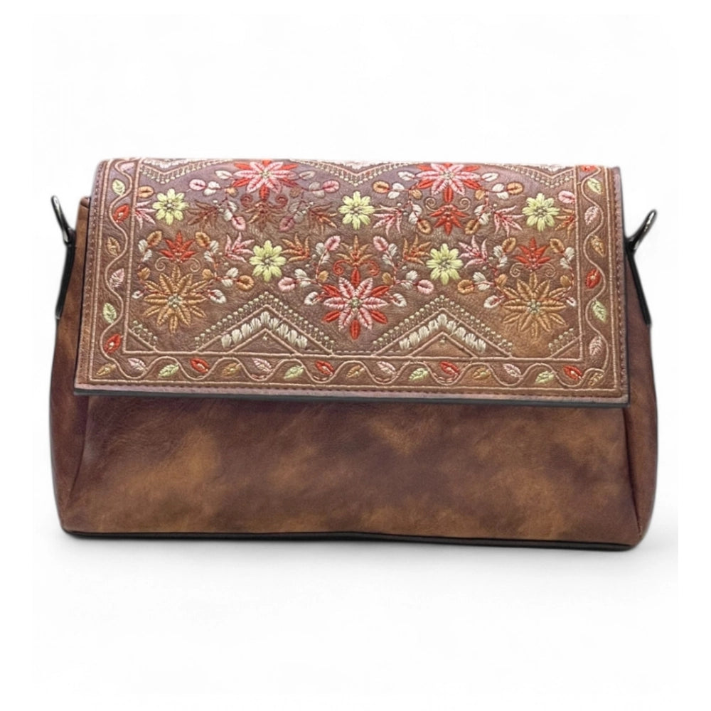 Women's Polyurethane Floral Embroidered Crossbody Sling Bag with Adjustable &amp; Removable Strap (Dark Brown)