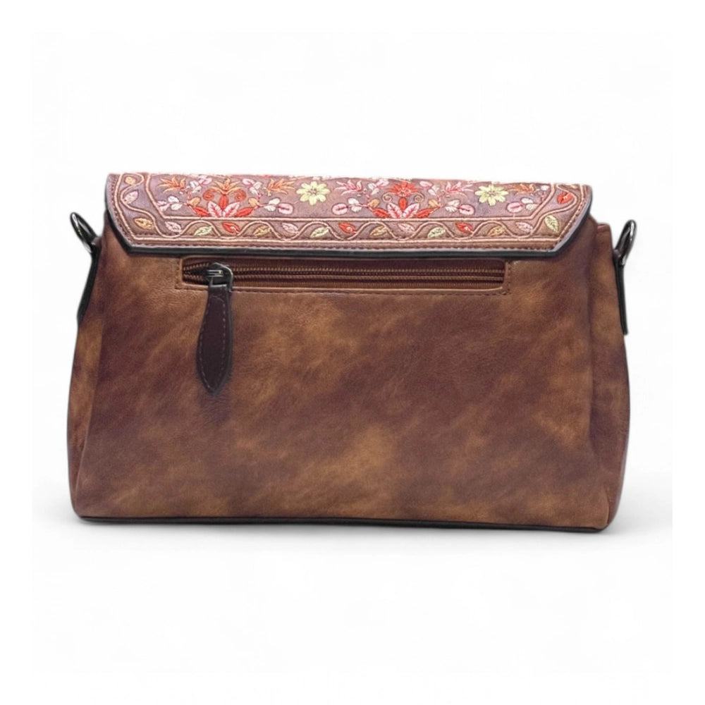 Women's Polyurethane Floral Embroidered Crossbody Sling Bag with Adjustable &amp; Removable Strap (Dark Brown)