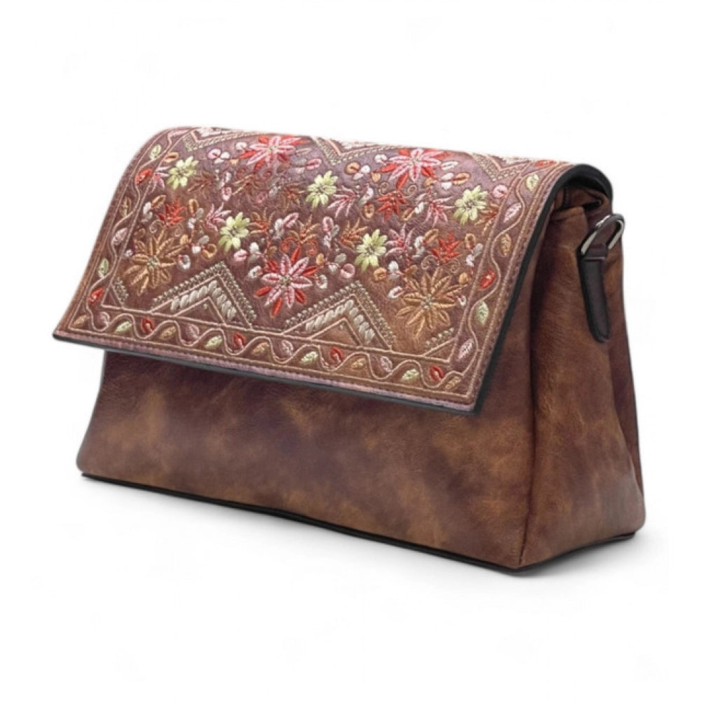 Women's Polyurethane Floral Embroidered Crossbody Sling Bag with Adjustable &amp; Removable Strap (Dark Brown)
