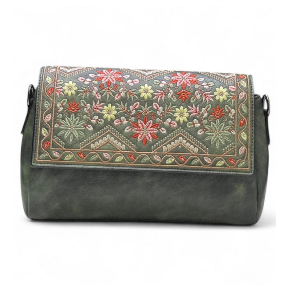 Women's Polyurethane Floral Embroidered Crossbody Sling Bag with Adjustable &amp; Removable Strap (Green)