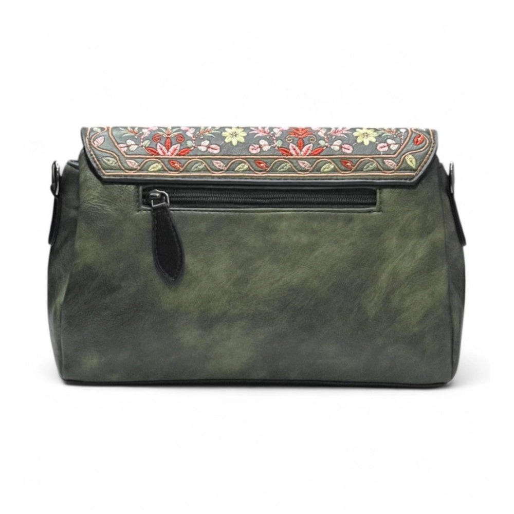 Women's Polyurethane Floral Embroidered Crossbody Sling Bag with Adjustable &amp; Removable Strap (Green)