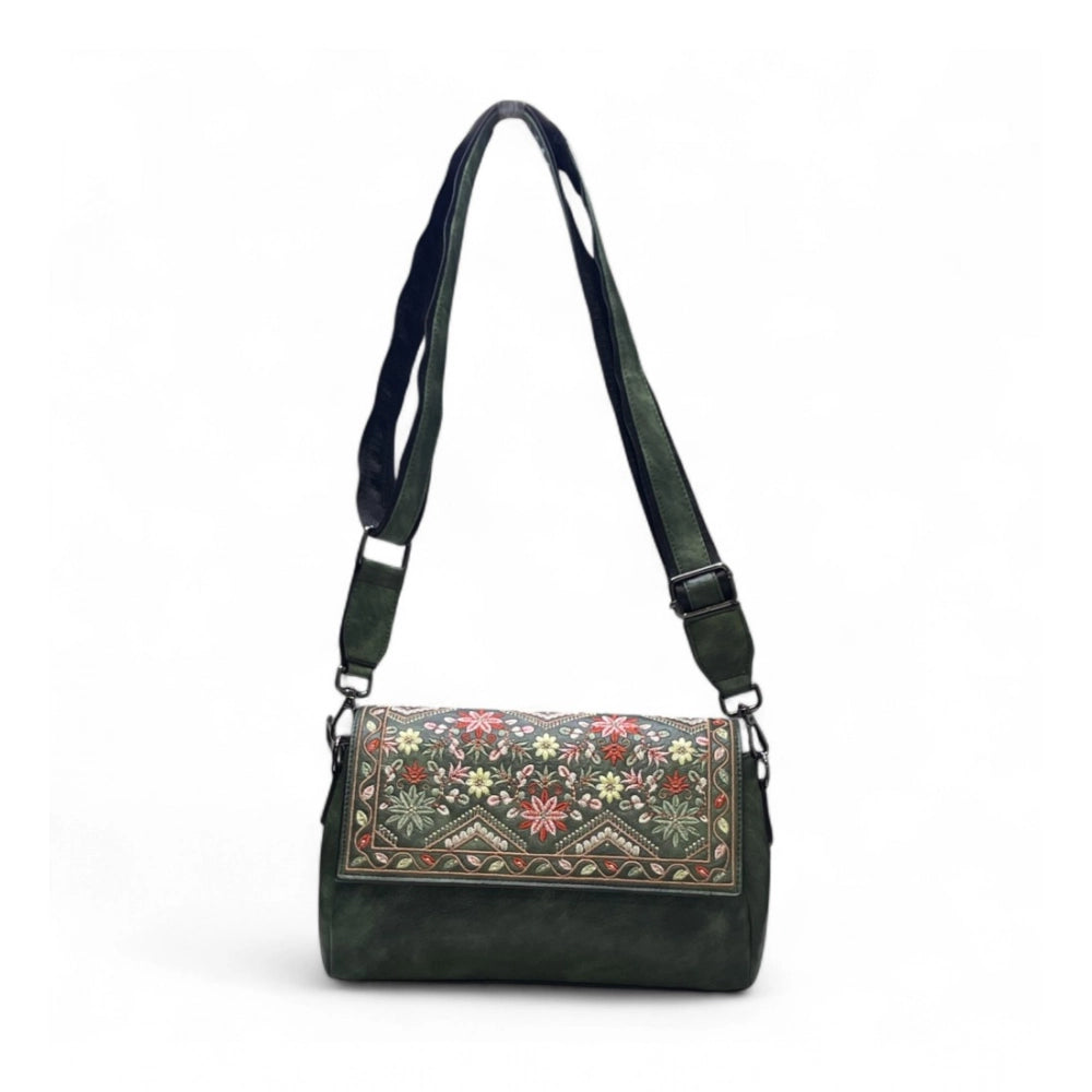 Women's Polyurethane Floral Embroidered Crossbody Sling Bag with Adjustable &amp; Removable Strap (Green)