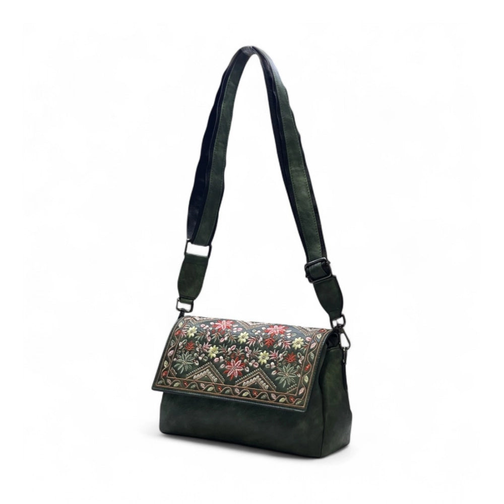Women's Polyurethane Floral Embroidered Crossbody Sling Bag with Adjustable &amp; Removable Strap (Green)