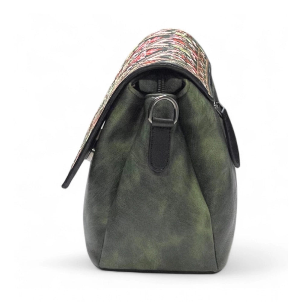 Women's Polyurethane Floral Embroidered Crossbody Sling Bag with Adjustable &amp; Removable Strap (Green)
