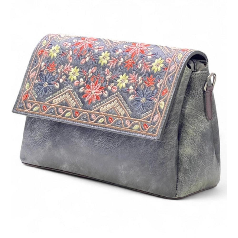 Women's Polyurethane Floral Embroidered Crossbody Sling Bag with Adjustable &amp; Removable Strap (Grey)