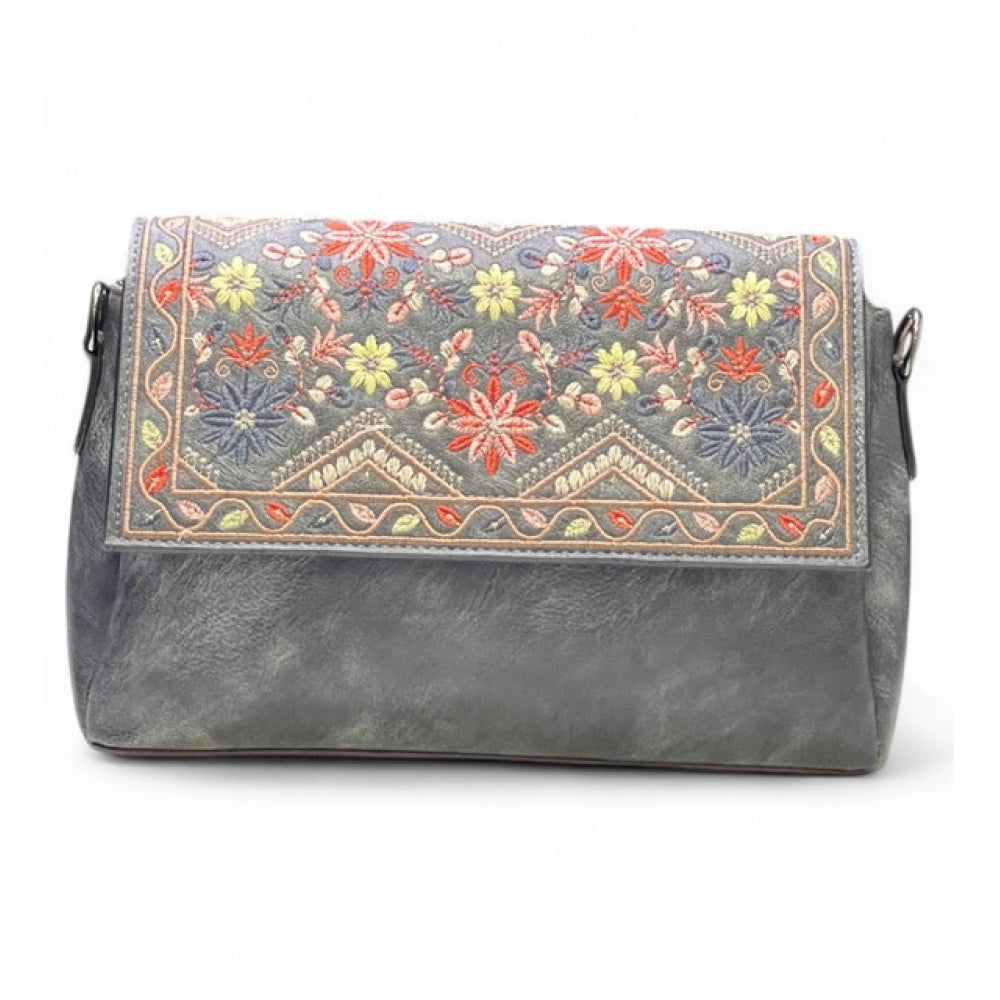 Women's Polyurethane Floral Embroidered Crossbody Sling Bag with Adjustable &amp; Removable Strap (Grey)