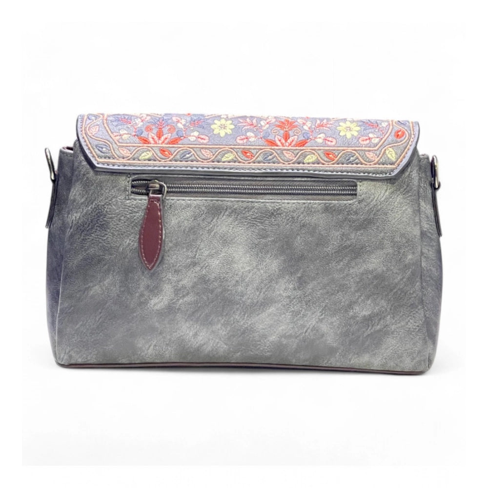 Women's Polyurethane Floral Embroidered Crossbody Sling Bag with Adjustable &amp; Removable Strap (Grey)