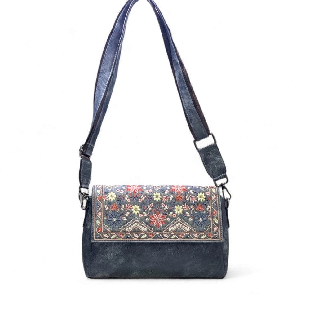 Women's Polyurethane Floral Embroidered Crossbody Sling Bag with Adjustable &amp; Removable Strap (Grey)