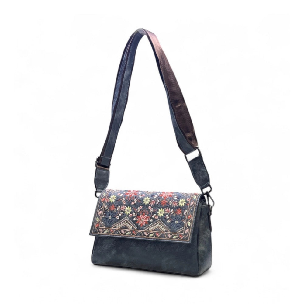Women's Polyurethane Floral Embroidered Crossbody Sling Bag with Adjustable &amp; Removable Strap (Grey)