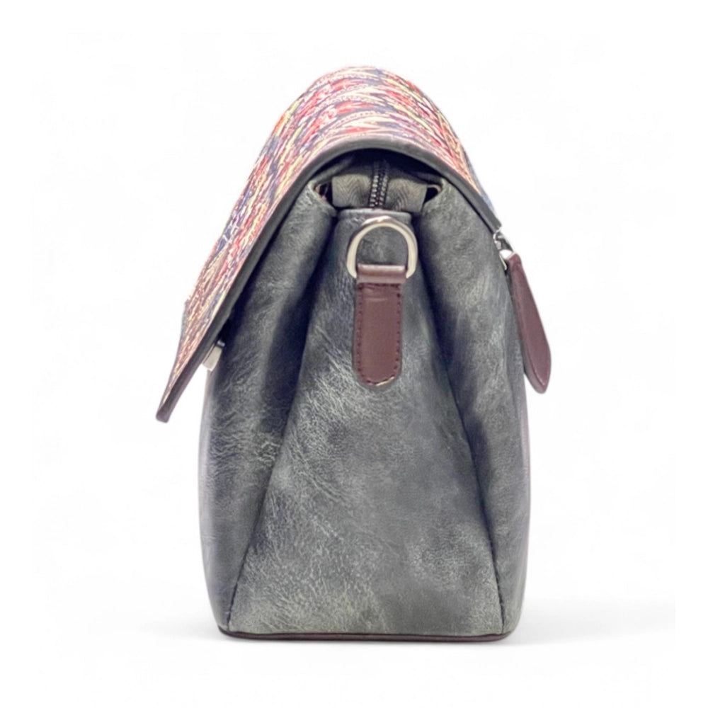 Women's Polyurethane Floral Embroidered Crossbody Sling Bag with Adjustable &amp; Removable Strap (Grey)