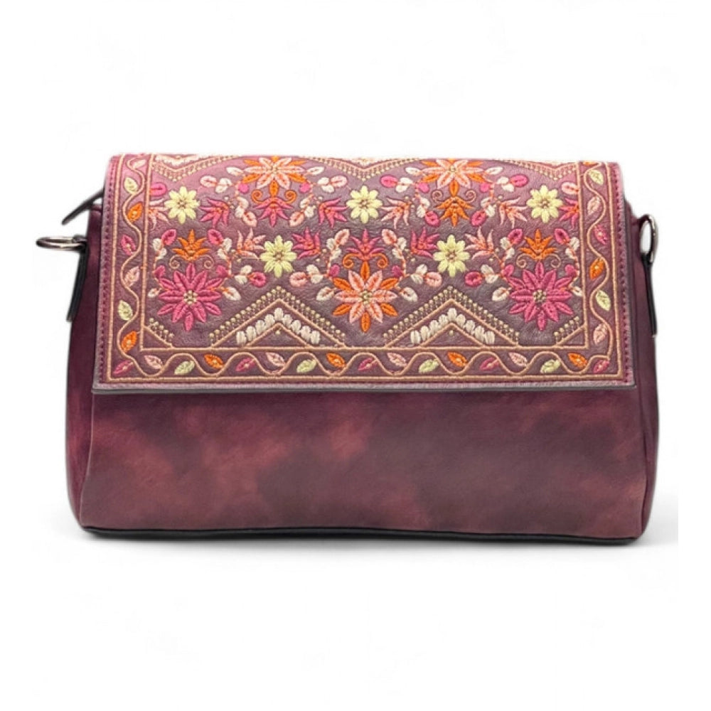 Women's Polyurethane Floral Embroidered Crossbody Sling Bag with Adjustable &amp; Removable Strap (Red)