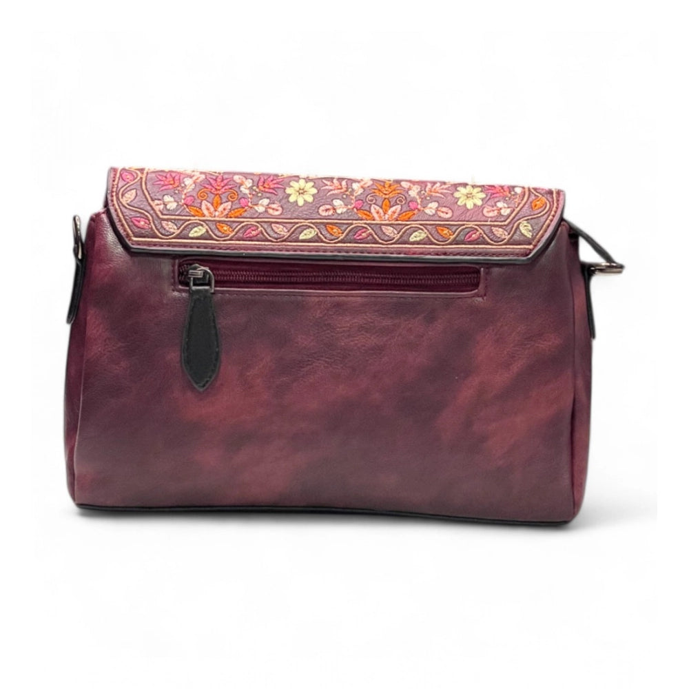 Women's Polyurethane Floral Embroidered Crossbody Sling Bag with Adjustable &amp; Removable Strap (Red)
