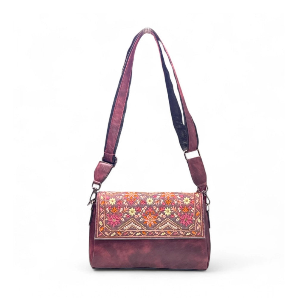 Women's Polyurethane Floral Embroidered Crossbody Sling Bag with Adjustable &amp; Removable Strap (Red)