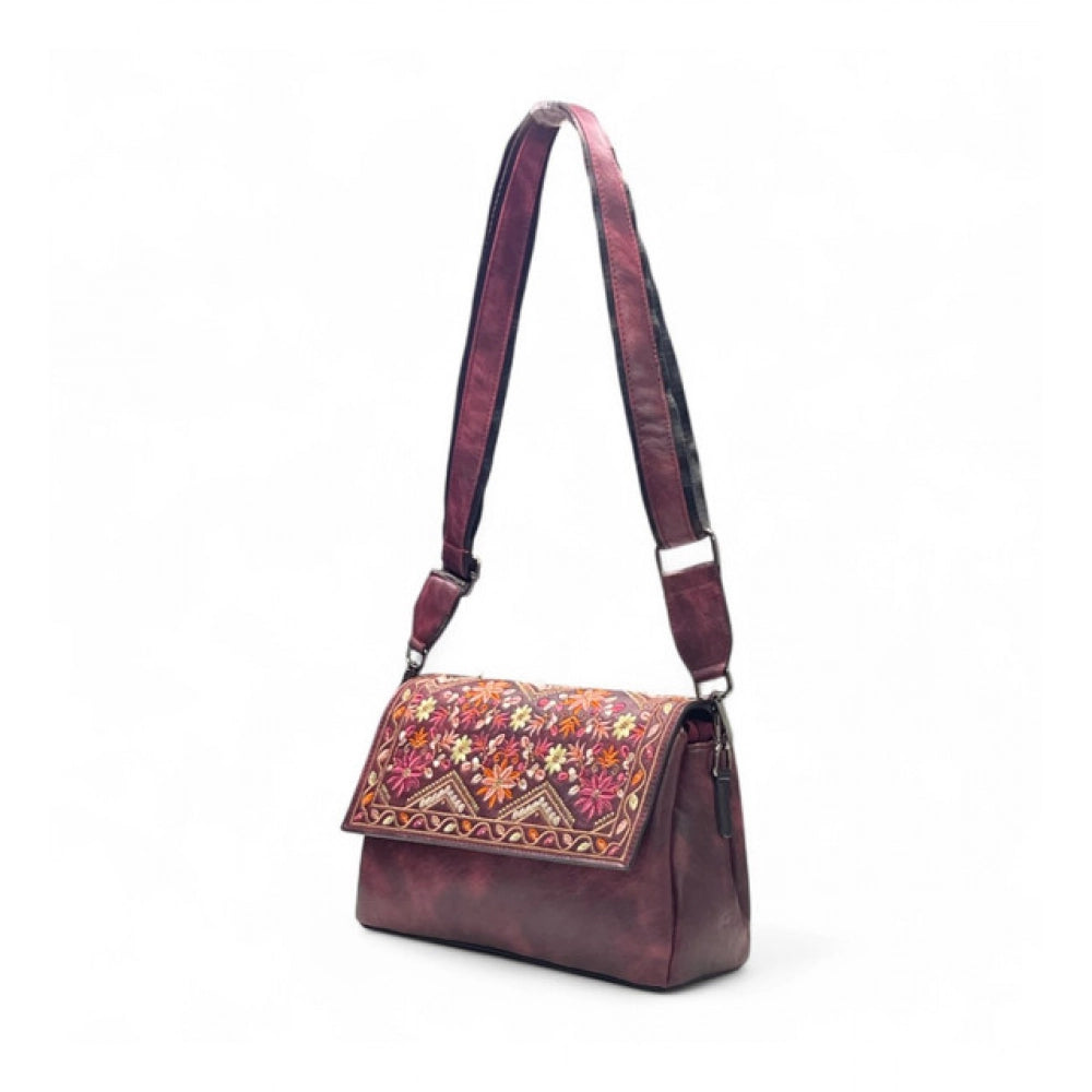 Women's Polyurethane Floral Embroidered Crossbody Sling Bag with Adjustable &amp; Removable Strap (Red)