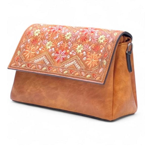 Women's Polyurethane Floral Embroidered Crossbody Sling Bag with Adjustable &amp; Removable Strap (Tan)