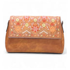 Women's Polyurethane Floral Embroidered Crossbody Sling Bag with Adjustable &amp; Removable Strap (Tan)