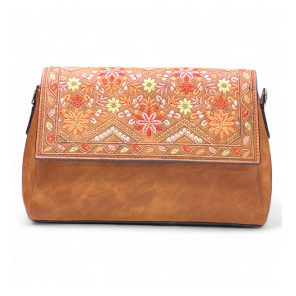 Women's Polyurethane Floral Embroidered Crossbody Sling Bag with Adjustable &amp; Removable Strap (Tan)