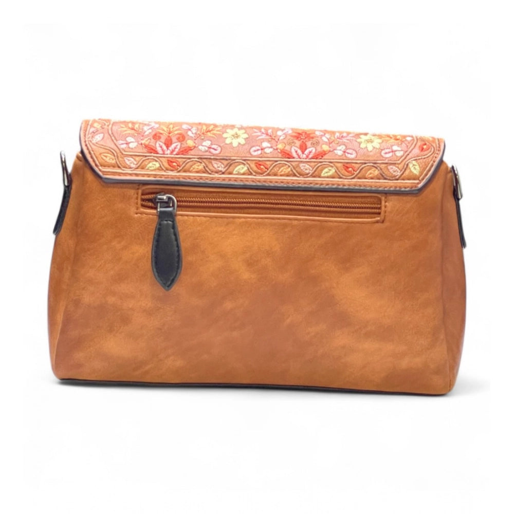 Women's Polyurethane Floral Embroidered Crossbody Sling Bag with Adjustable &amp; Removable Strap (Tan)