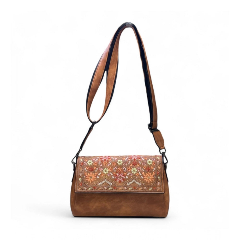 Women's Polyurethane Floral Embroidered Crossbody Sling Bag with Adjustable &amp; Removable Strap (Tan)