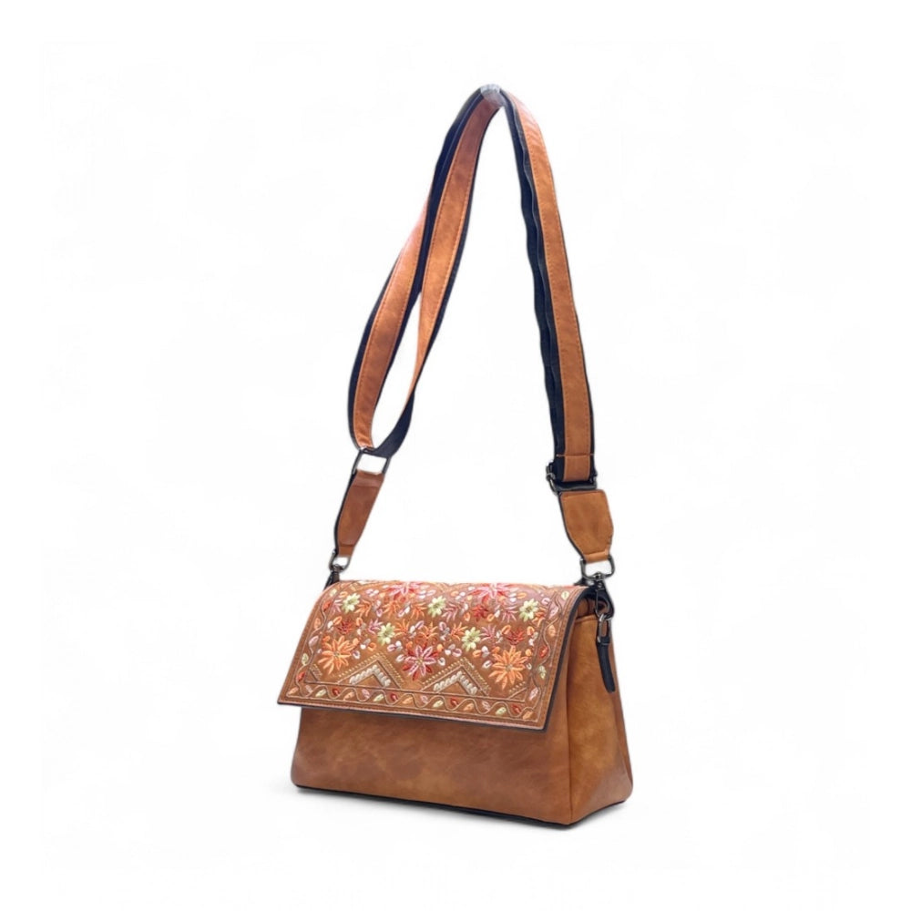 Women's Polyurethane Floral Embroidered Crossbody Sling Bag with Adjustable &amp; Removable Strap (Tan)