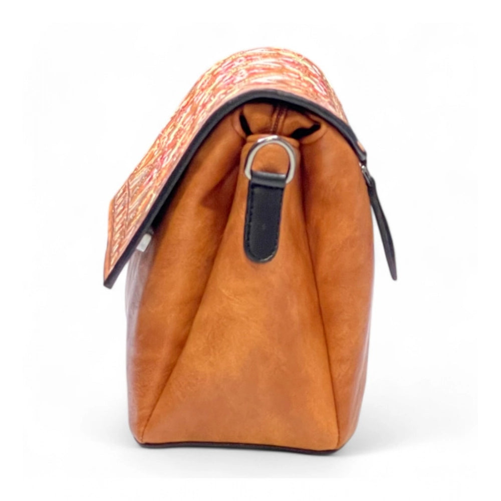 Women's Polyurethane Floral Embroidered Crossbody Sling Bag with Adjustable &amp; Removable Strap (Tan)