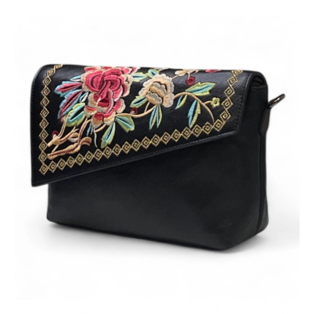 Women's Polyurethane Floral Embroidered Crossbody Sling Bag with Adjustable &amp; Removable Strap (Black)