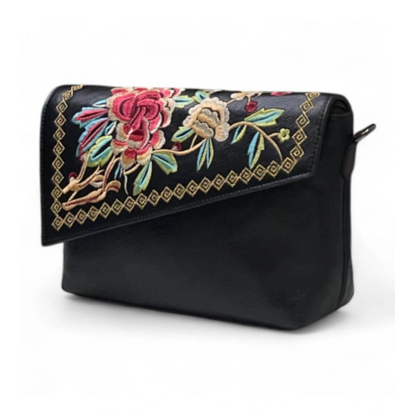 Women's Polyurethane Floral Embroidered Crossbody Sling Bag with Adjustable &amp; Removable Strap (Black)