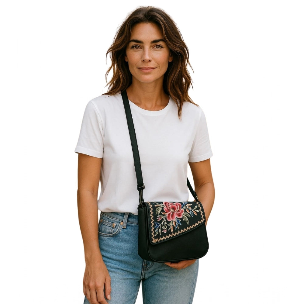 Women's Polyurethane Floral Embroidered Crossbody Sling Bag with Adjustable &amp; Removable Strap (Black)