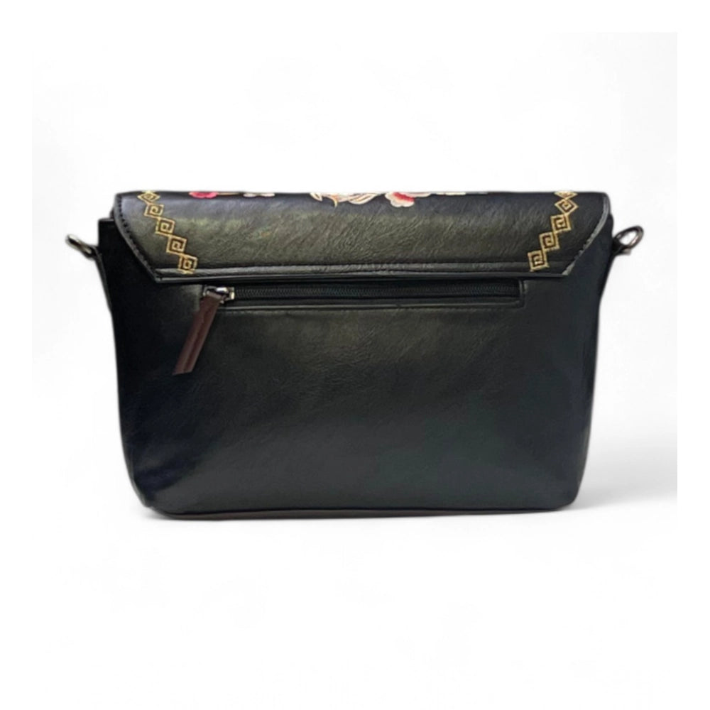 Women's Polyurethane Floral Embroidered Crossbody Sling Bag with Adjustable &amp; Removable Strap (Black)