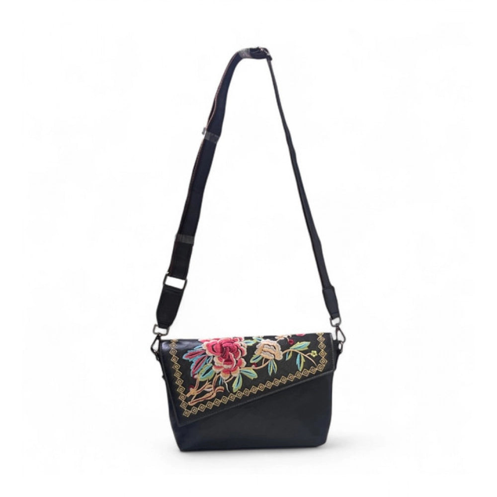 Women's Polyurethane Floral Embroidered Crossbody Sling Bag with Adjustable &amp; Removable Strap (Black)