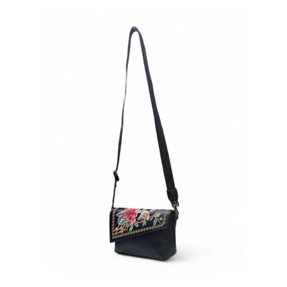 Women's Polyurethane Floral Embroidered Crossbody Sling Bag with Adjustable &amp; Removable Strap (Black)
