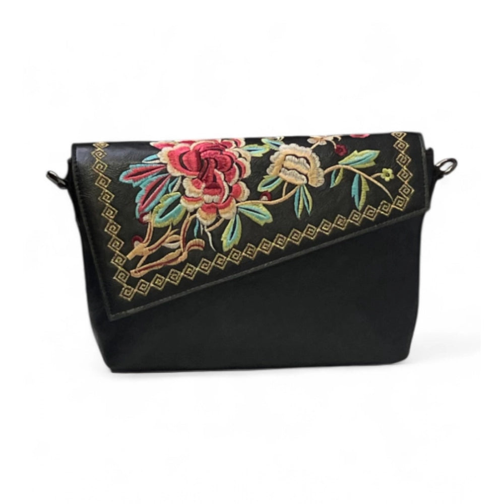 Women's Polyurethane Floral Embroidered Crossbody Sling Bag with Adjustable &amp; Removable Strap (Black)