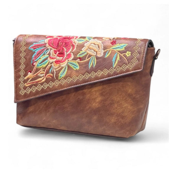 Women's Polyurethane Floral Embroidered Crossbody Sling Bag with Adjustable &amp; Removable Strap (Brown)