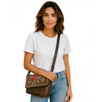 Women's Polyurethane Floral Embroidered Crossbody Sling Bag with Adjustable &amp; Removable Strap (Brown)