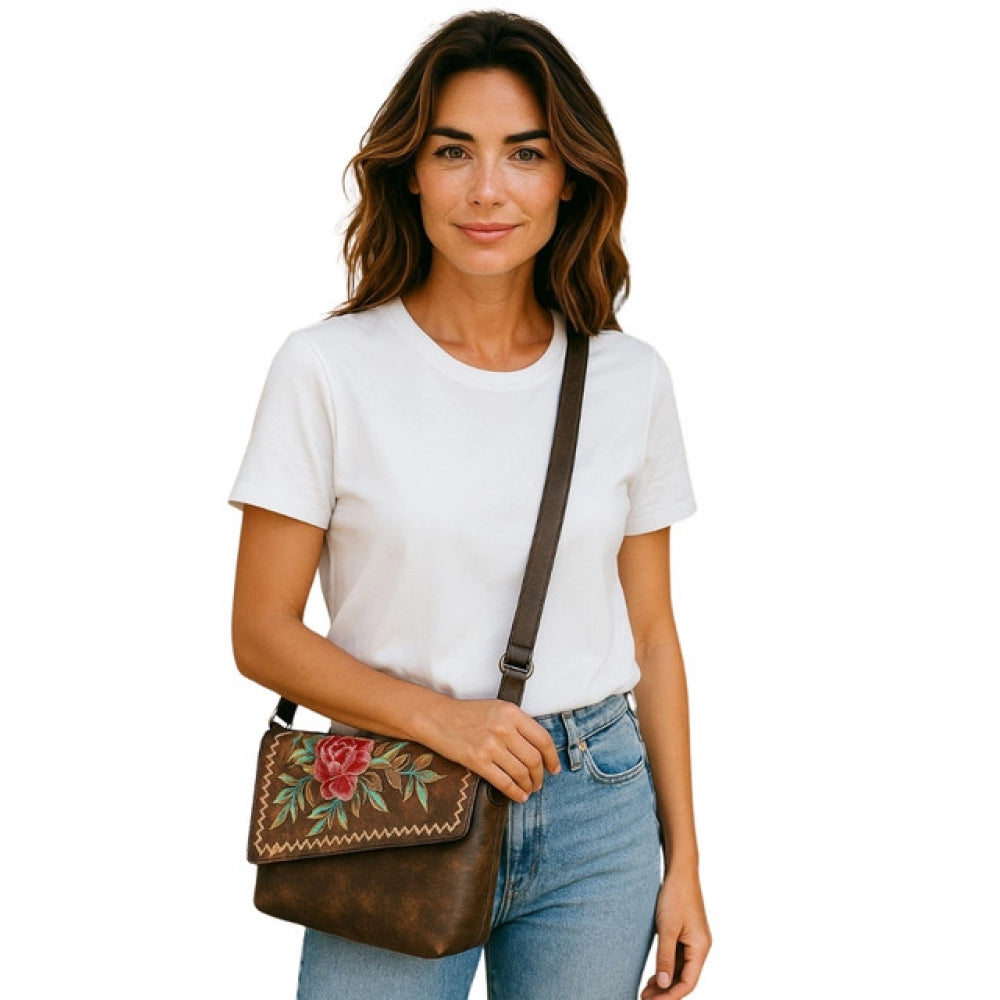 Women's Polyurethane Floral Embroidered Crossbody Sling Bag with Adjustable &amp; Removable Strap (Brown)