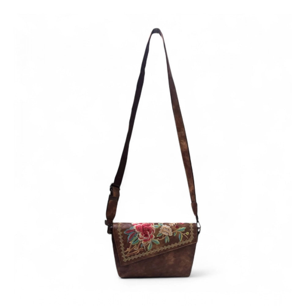 Women's Polyurethane Floral Embroidered Crossbody Sling Bag with Adjustable &amp; Removable Strap (Brown)