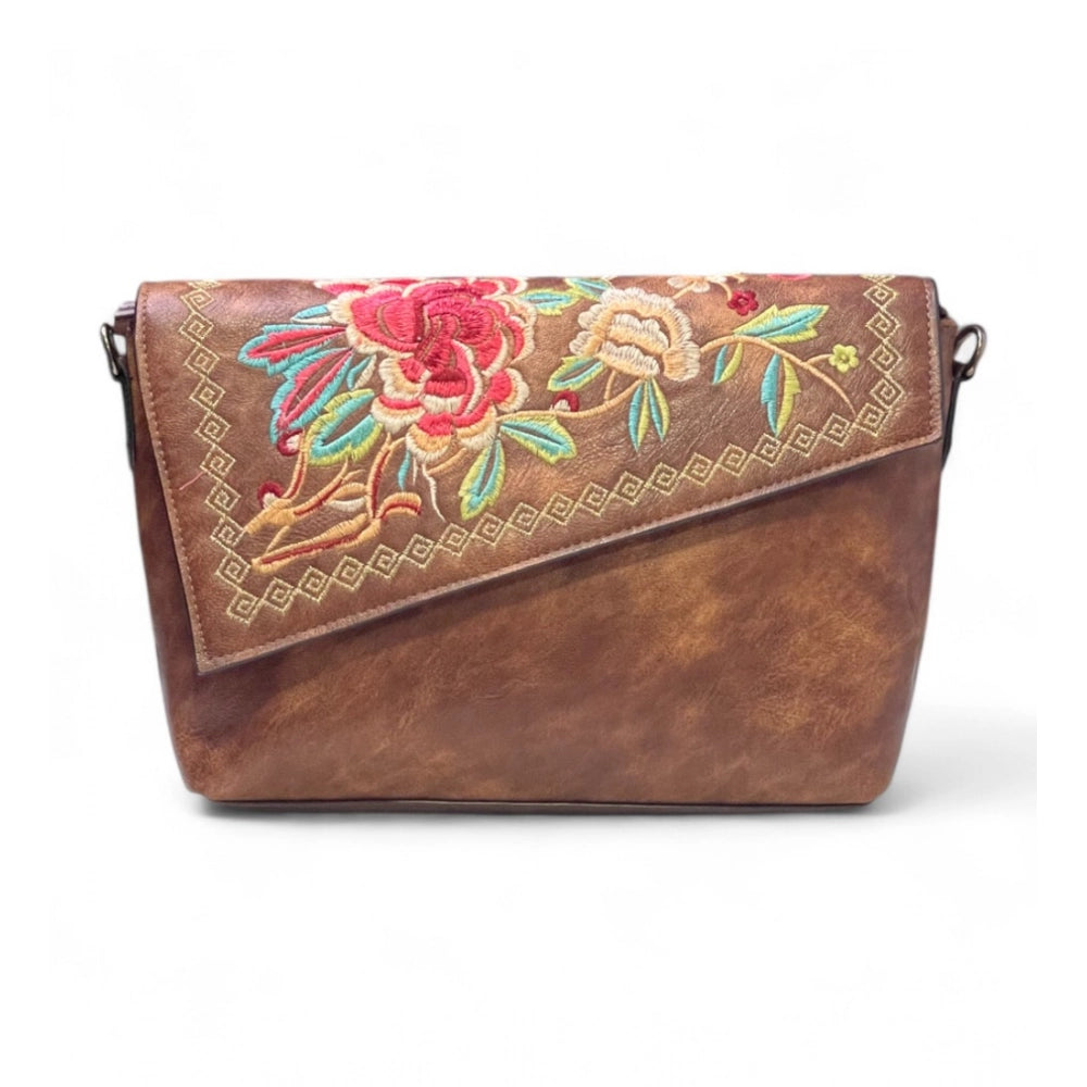 Women's Polyurethane Floral Embroidered Crossbody Sling Bag with Adjustable &amp; Removable Strap (Brown)